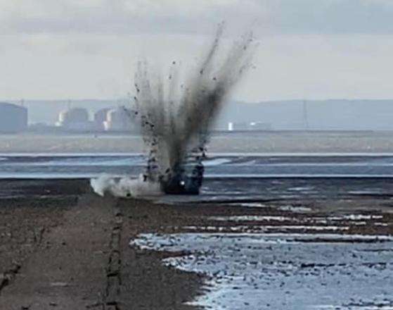 Controlled detonation of unexploded munitions by Royal Navy EOD Team on Southend seafront.