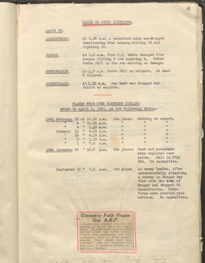 Bombing records for Newtownards and it's surrounding areas - April 16th 1941.