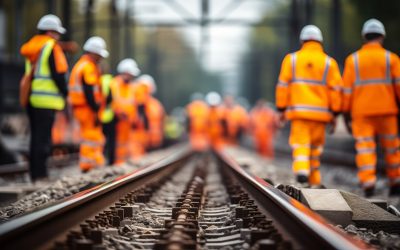 Railway tracks with rail workers in high visibility clothing inspecting the site.