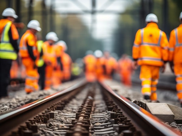 Railway tracks with rail workers in high visibility clothing inspecting the site.