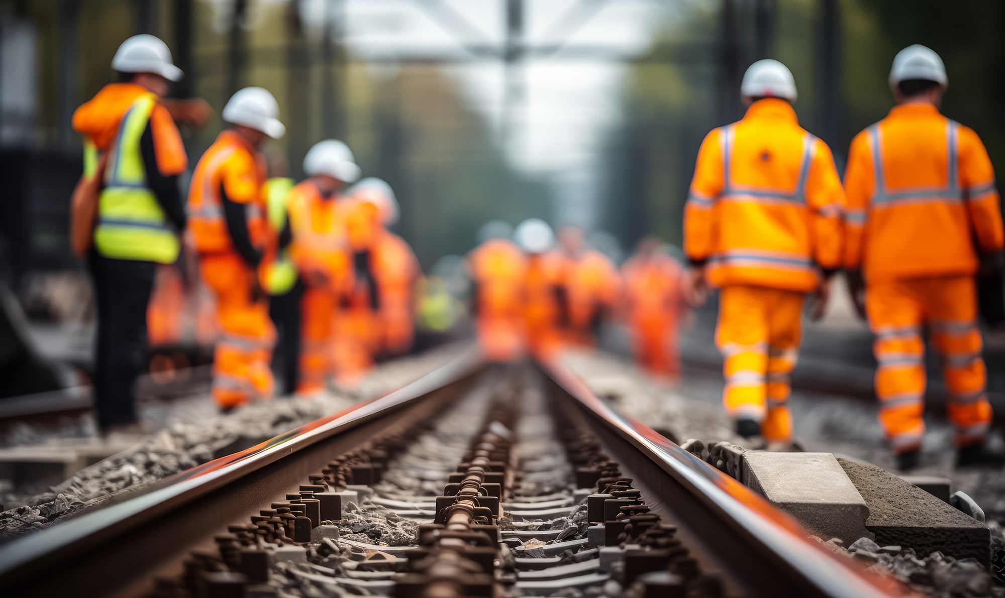 Railway tracks with rail workers in high visibility clothing inspecting the site.