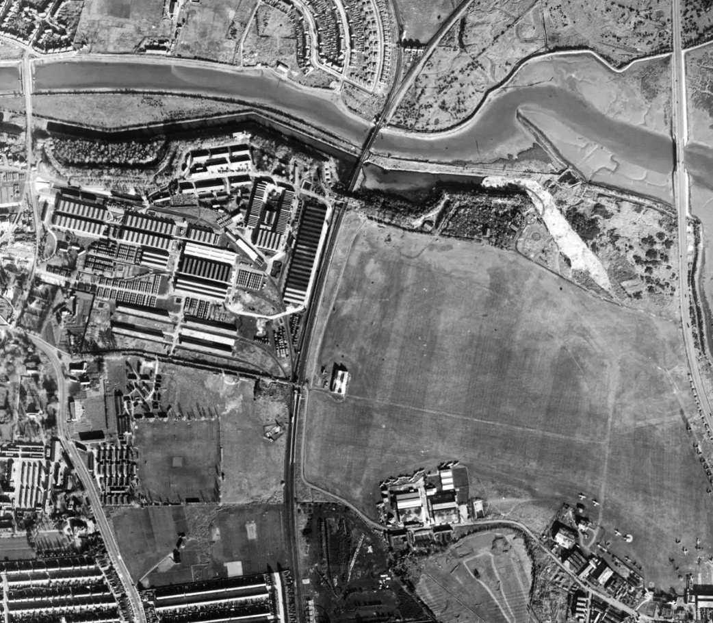 Location where a couple of 40mm Bofors rounds were found in a flying field to the east of factory buildings seen here in November 1940.