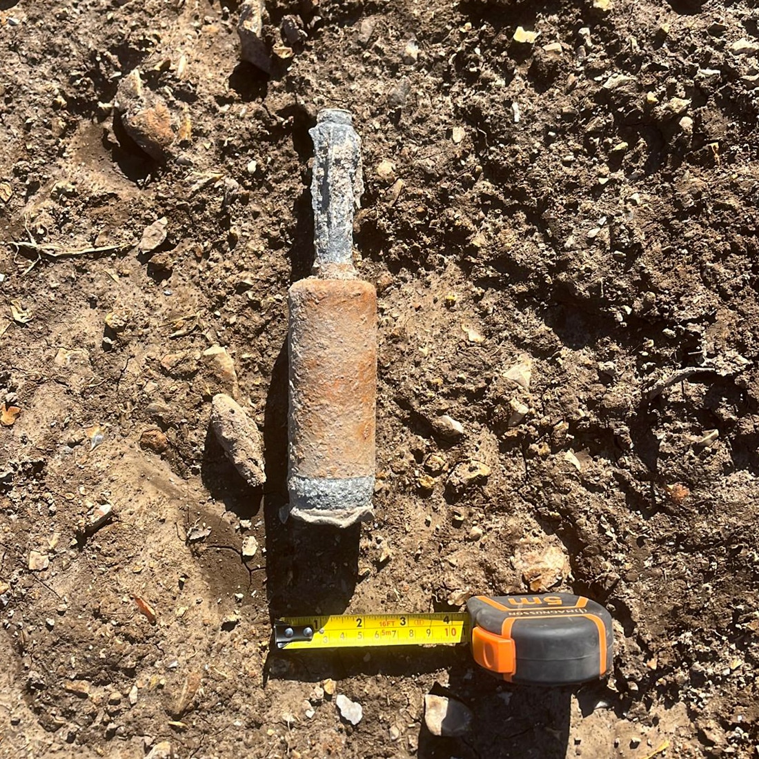 ‘Live’ 2-inch mortar (with a tape measure for scale) discovered by 1st Line Defence operatives on the Isle of Wight.